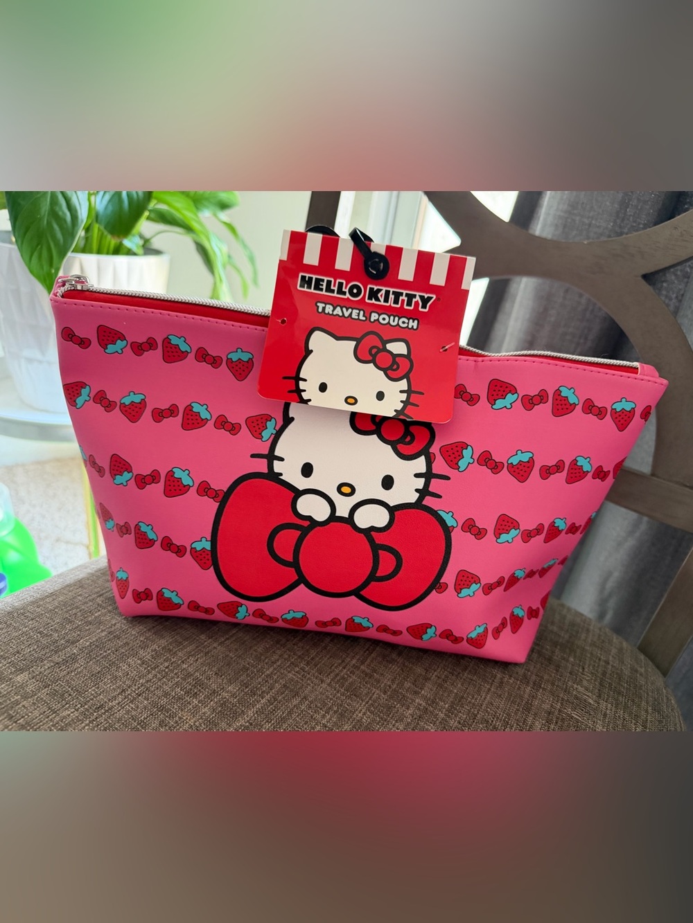 Hello Kitty Pink Cosmetic Pouch with Red Bow & Strawberry Print